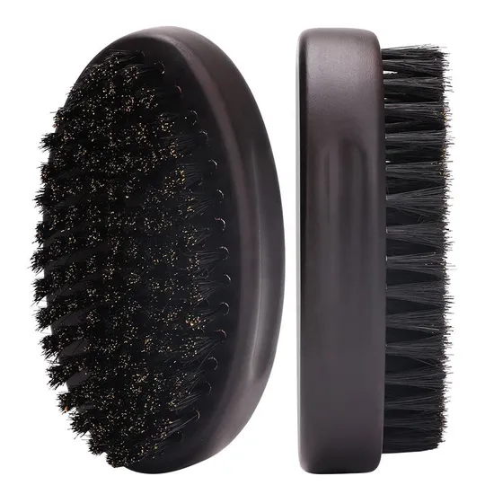 Men′s Styling Beard Brush Shaving Neck Duster Comb Barber Tool Wooden Handle Wave Boar Bristle Portable Black Round Comb 