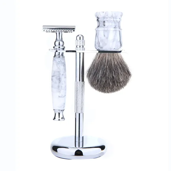 3 in 1 High Quality Resin Handle Faux Badger Beard Shaving Brush with Razor and Standing Holder Kit for Man 