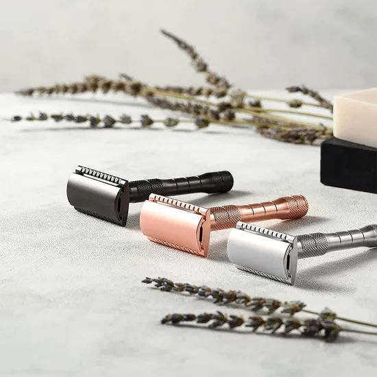 Eco Friendly Reusable Brass Rose Gold Safety Razor and Stand 